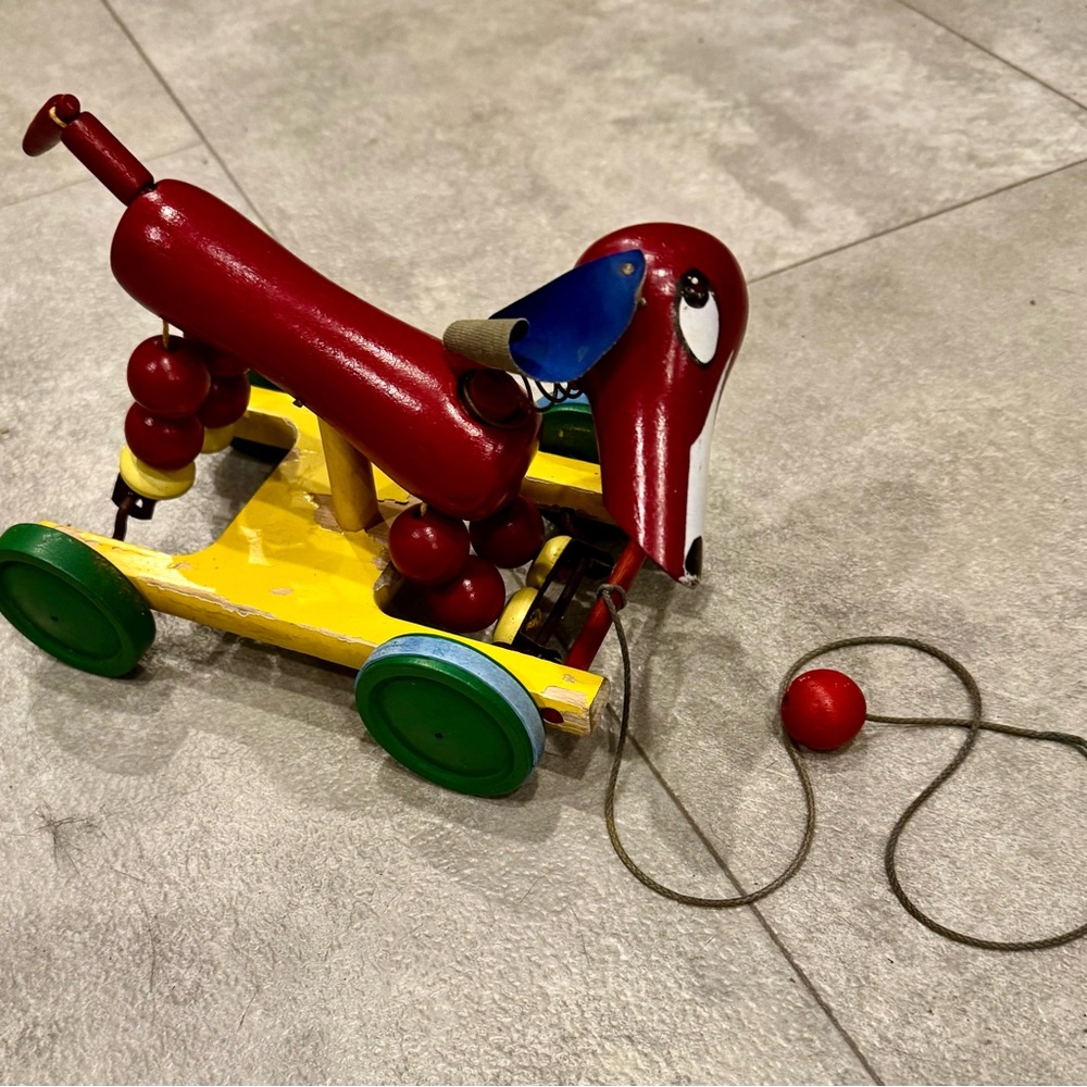 VINTAGE Classic Wooden Animated Dog Animal Toy with Pull-a-long String